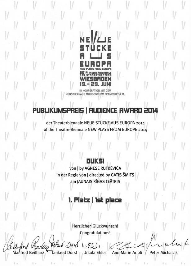 Izrāde DUKŠI festivālā New Plays from Europe 2014 iegūst skatītāju simpātiju balvu